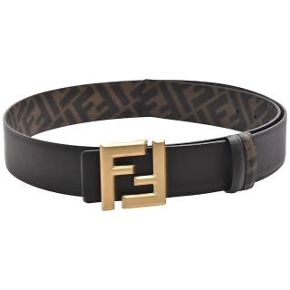 【FENDI 芬迪】Squared系列經典FF LOGO帆布牛皮雙麵皮帶/腰帶(棕色7C0541-ASIW-F1S9U)