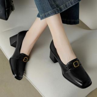 【WYPEX】皮帶扣真皮高跟樂福鞋女鞋 氣質高跟鞋