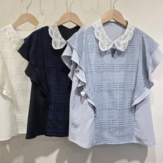 【MYDRESS】蕾絲花邊領拼接上衣