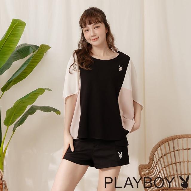 【PLAYBOY】OVERSIZE色塊拼接連袖上衣(黑色)
