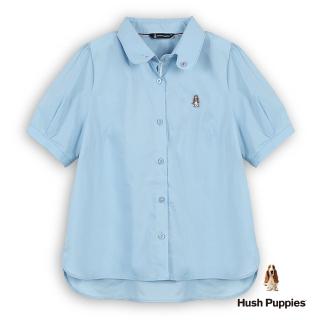 【Hush Puppies】女裝 襯衫 簡約素色圓領刺繡小狗襯衫(淺灰藍 / 53212110)