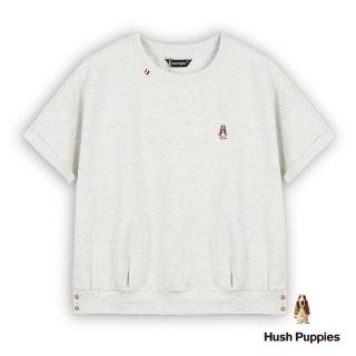 【Hush Puppies】女裝 上衣 簡約素色刺繡小狗寬版上衣(麻灰 / 53210109)