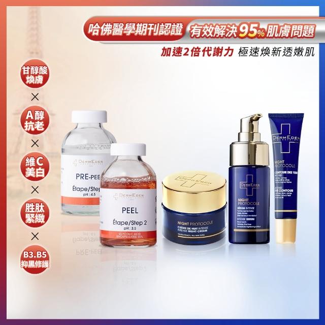 【DermEden 得美登】20%果酸淨白煥膚組+1%A醇撫紋眼霜15mL+再生修護精華30mL+緊緻修護霜50mL