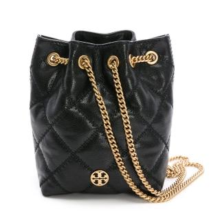【TORY BURCH】Willa菱格紋抽繩水桶包(黑)