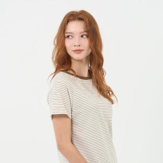 【GIORDANO 佐丹奴】女裝條紋圓領短袖上衣(54 蘆筍白X茶葉綠)