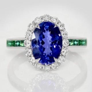 【似曾國際珠寶】現貨新品 IGI 14K 白金 2.97克拉 Oval Cut 坦桑石祖母綠戒指(天然坦桑石)