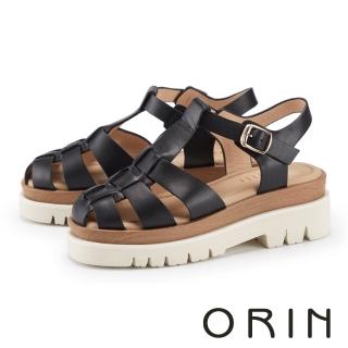 【ORIN】真皮魚骨編織厚底涼鞋(黑色)