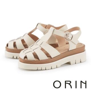 【ORIN】真皮魚骨編織厚底涼鞋(米色)
