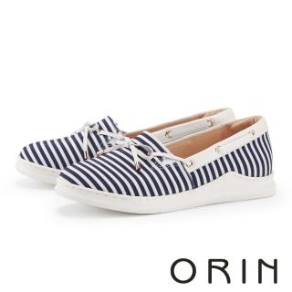 【ORIN】條紋布拼接牛皮厚底休閒鞋(藍色)