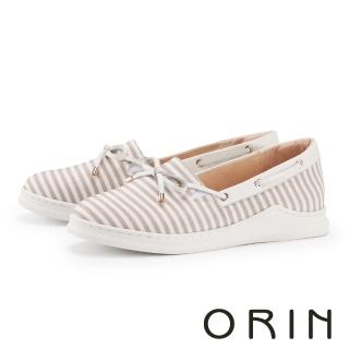 【ORIN】條紋布拼接牛皮厚底休閒鞋(米色)
