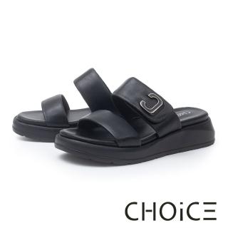 【CHOiCE】雙寬帶羊皮烤漆C字釦厚底拖鞋(黑色)