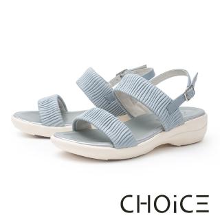 【CHOiCE】造型水波紋羊皮二字寬帶親膚涼鞋(藍色)