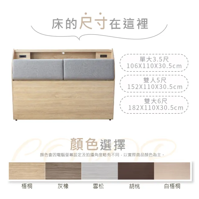【藤原傢俬】貓抓皮靠枕收納床頭箱附充電插座雙人5尺(不含床架/底)