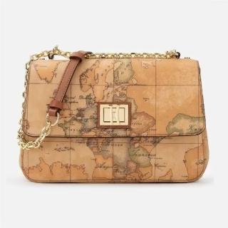 【Alviero Martini】義大利地圖包 金釦鍊帶翻蓋側揹包 26cm(地圖黃)