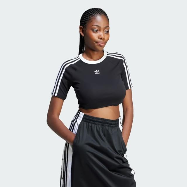 【adidas 愛迪達】短袖上衣 女 短版 三葉草 亞規 3 S BABY TEE 黑 IU2532