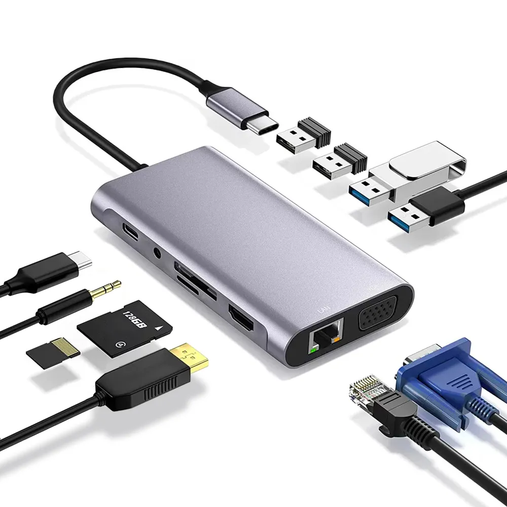 【ZA 喆安】11合1 USB Type-C HUB轉接集線器(支援Type-C HDMI/VGA投影/充電/傳輸/記憶讀卡/RJ45網路/耳機)