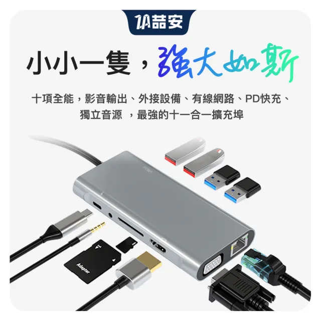 【ZA 喆安】11合1 USB Type-C HUB轉接集線器(支援Type-C HDMI/VGA投影/充電/傳輸/記憶讀卡/RJ45網路/耳機)