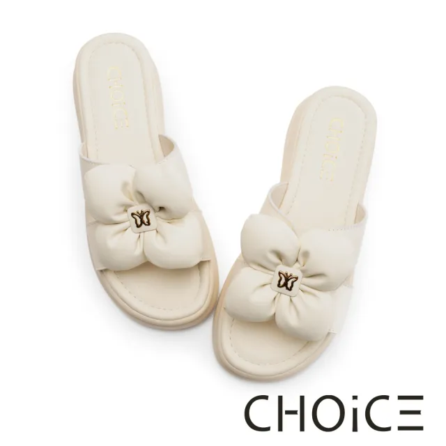 【CHOiCE】雲朵澎澎花朵牛皮一字厚底拖鞋(米色)