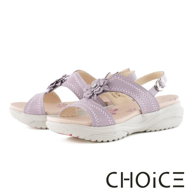 【CHOiCE】水鑽雕花真皮工字厚底休閒涼鞋(紫色)