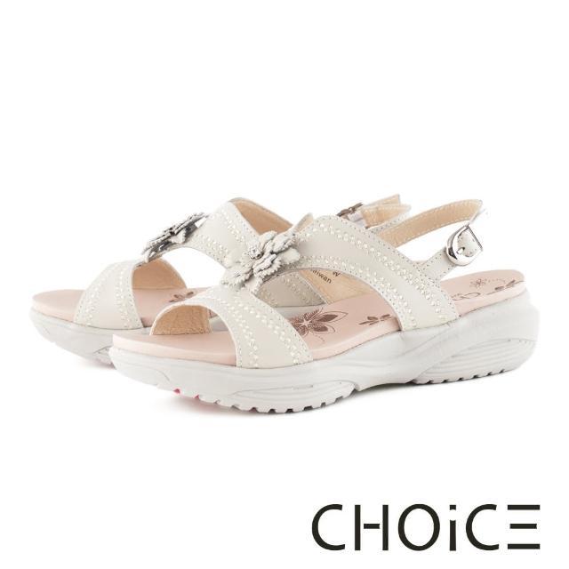 【CHOiCE】水鑽雕花真皮工字厚底休閒涼鞋(米色)