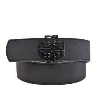 【TORY BURCH】黑色鏤空LOGO雙面用寬版皮帶-黑/霧黑