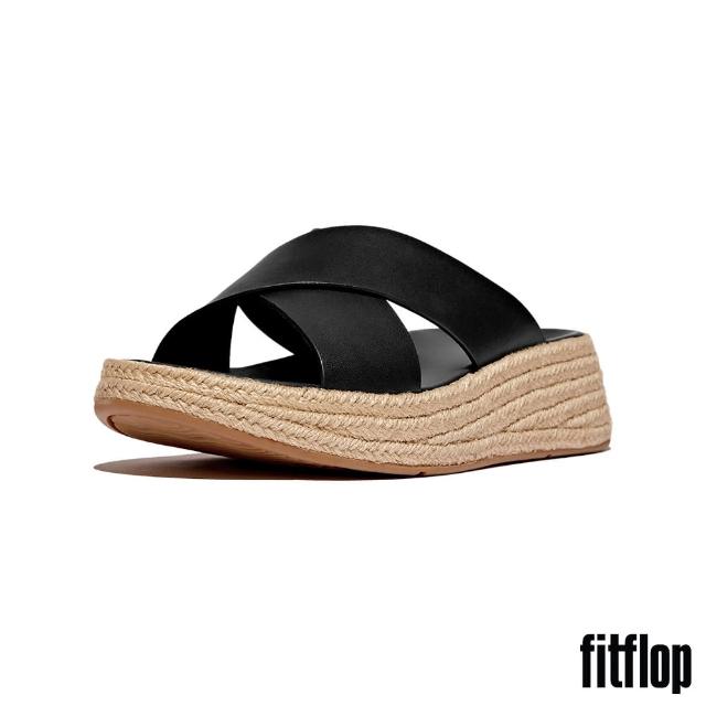 【FitFlop】F-MODE 草編皮革厚底交叉涼鞋-女(黑色)