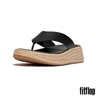 【FitFlop】F-MODE 草編皮革厚底夾腳涼鞋-女(黑色)