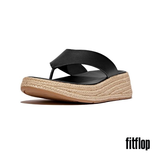 【FitFlop】F-MODE 草編皮革厚底夾腳涼鞋-女(黑色)
