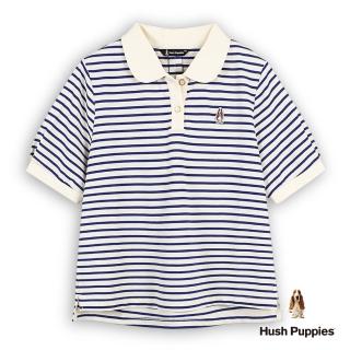 【Hush Puppies】女裝 上衣 簡約橫條紋POLO領造型上衣(藍/白條紋 / 53210108)