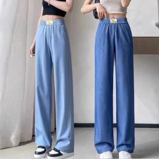 【buyer 白鵝】冰絲 涼感 透氣 笑臉標籤 高腰 寬褲 牛仔褲(深藍/淺藍 M~XL)