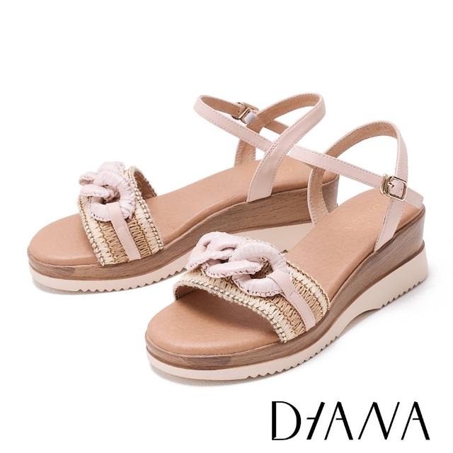 【DIANA】造型草編踝帶楔型高跟涼鞋(粉色)