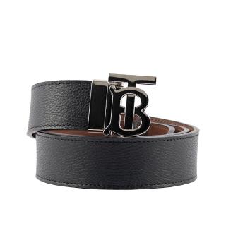【BURBERRY 巴寶莉】銀色Logo 牛皮及平滑皮革雙面可用皮帶 寬3.5CM(黑色/棕褐色)
