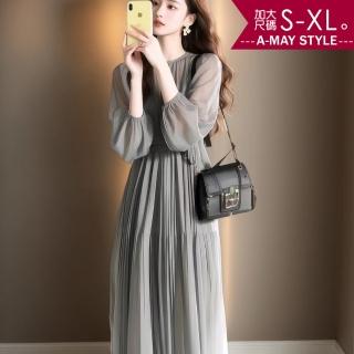 【艾美時尚】夏新品 中大尺碼女裝 連身裙 法式優雅輕透顯瘦百褶裙連身洋裝。S-XL(灰綠.預購)