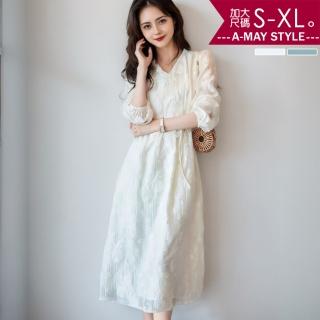 【Amay Style 艾美時尚】春新品 中大尺碼女裝 小禮服 輕奢感V領蕾絲優雅顯瘦A字裙連身洋裝。S-XL(2色.預購)