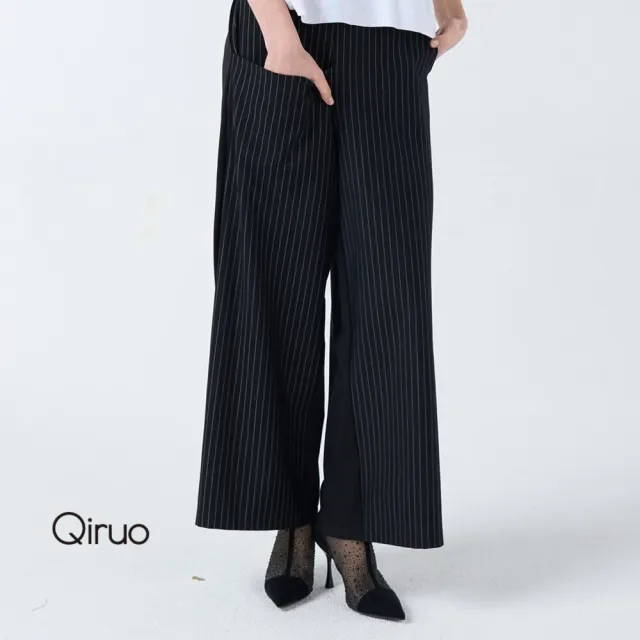 【Qiruo 奇若名品】黑色寬版長褲 垂墜感 高挑感十足 3091C 休閒正式皆可