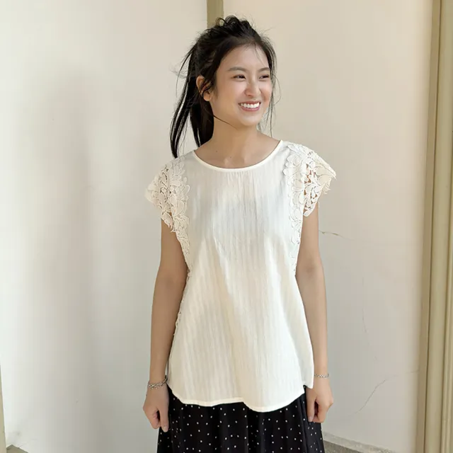 【Hana Mokuba】花木馬日系女裝蕾絲袖拼接圓領上衣(上衣)