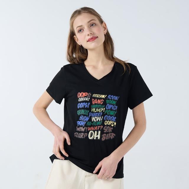 【Qiruo 奇若名品】春夏專櫃精品黑色上衣7011A 時尚英文短袖