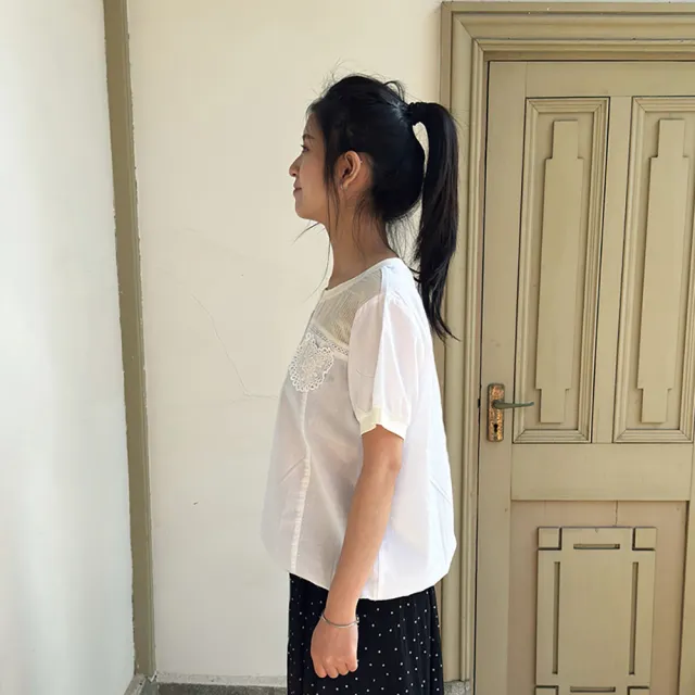【Hana Mokuba】花木馬日系女裝圓領拼接泡袖收口上衣(上衣)