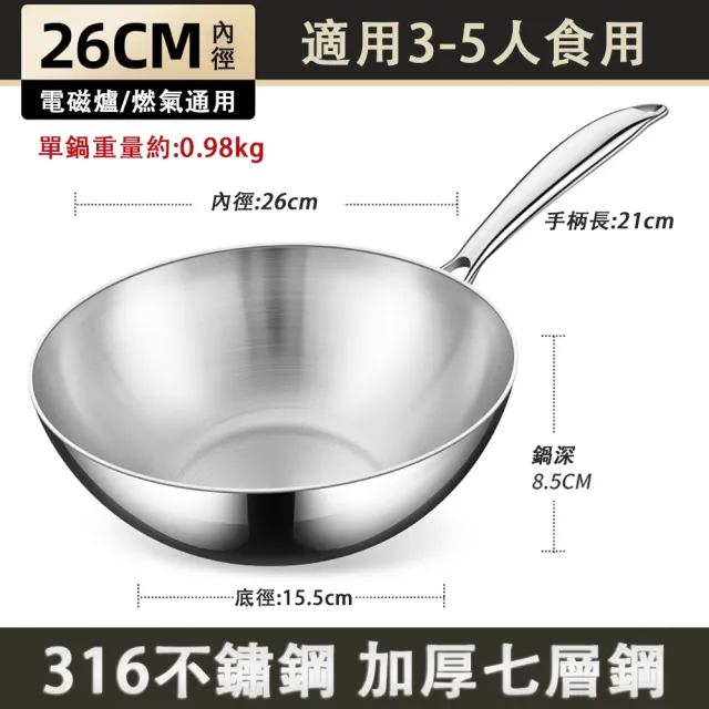 【巧可】316加厚不鏽鋼炒菜鍋 煎炒鍋 不沾鍋 炒鍋(互通專用無塗層炒菜鍋 26cm無蓋)