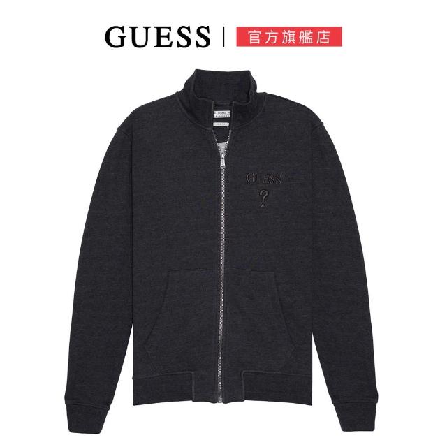 【GUESS】G立體刺繡LOGO雙口袋拉鍊外套(黑色)