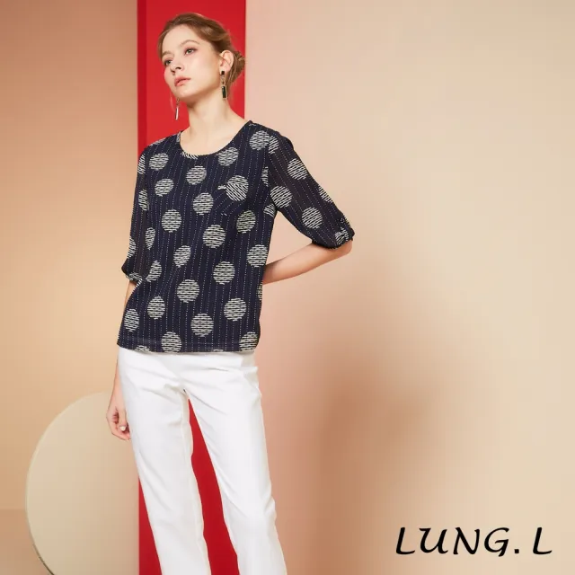 【LUNG.L 林佳樺】LR47A 藍色泡泡布圓型印花五分袖女裝上衣(春夏新品 加大尺碼)