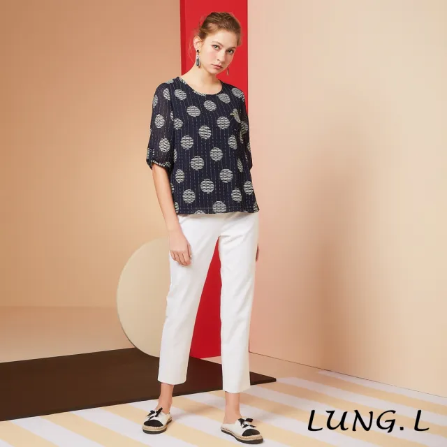 【LUNG.L 林佳樺】LR47A 藍色泡泡布圓型印花五分袖女裝上衣(春夏新品 加大尺碼)
