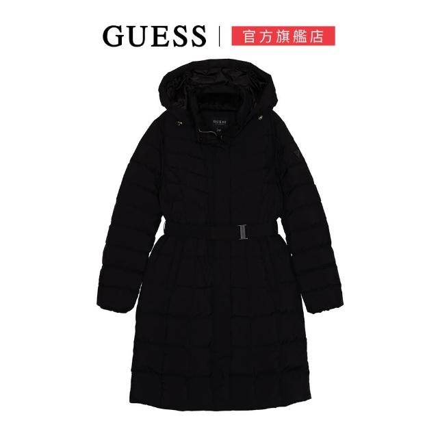 【GUESS】純色收腰長版連帽羽絨外套(黑色)