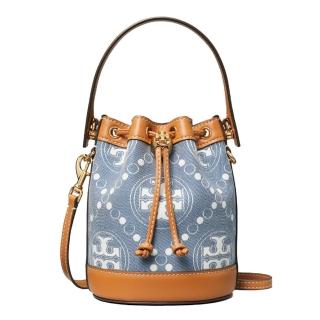 【TORY BURCH】專櫃款Mini T Monogram手提/斜背水桶包（單寧藍）