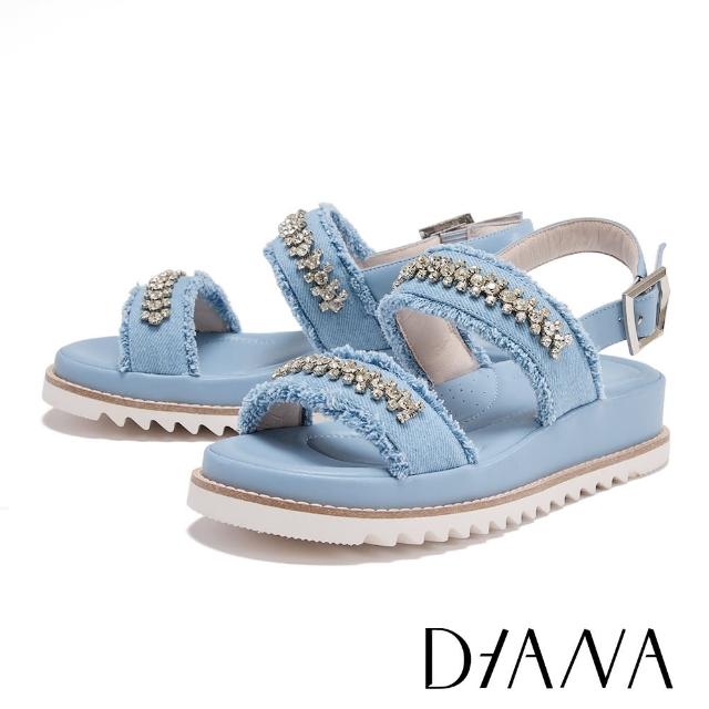 【DIANA】雙寬帶牛仔布鑽條厚底涼鞋(藍色)