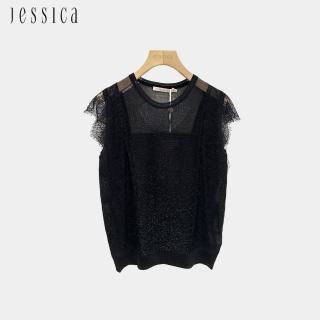 【JESSICA】氣質輕薄針織拼接蕾絲圓領針織背心J53506（黑）