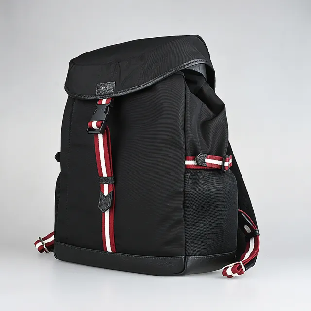 【BALLY】BALLY Code內裡縫線皮標銀字LOGO紅白直條紋織帶設計尼龍邊飾牛皮釦式束口後背包(黑)