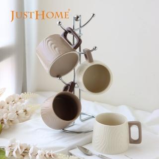 【Just Home】木紋格調陶瓷馬克杯4入組附收納架(400ml 馬克杯 咖啡杯 陶瓷杯 水杯)
