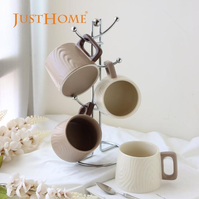【Just Home】木紋格調陶瓷馬克杯4入組附收納架(400ml 馬克杯 咖啡杯 陶瓷杯 水杯)