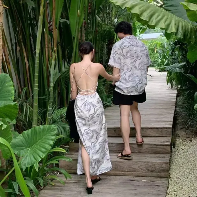 【SeasonsBikini】正韓情侶美背綁帶連身長洋裝/男款度假上衣-KK32(情侶裝襯衫洋裝)